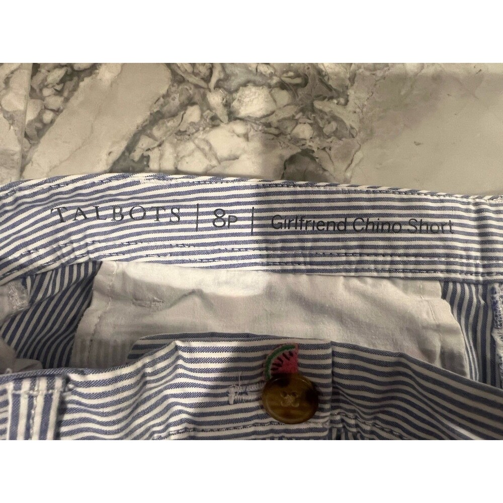 Talbot’s Petite 8P NWOT Blue White Pinstripe Shorts Embroidered Watermelon Stret - Picture 3 of 6